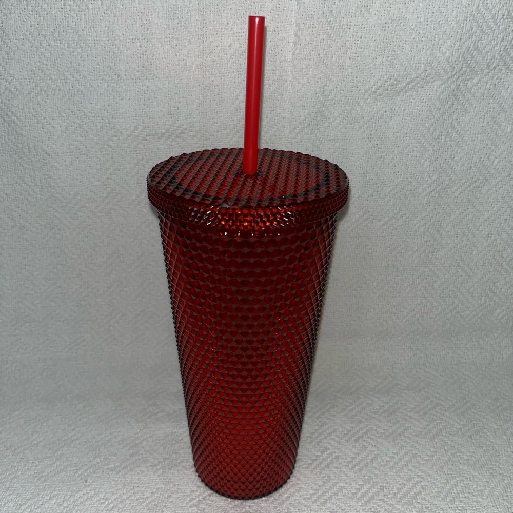 Ruby Red Acrylic Iridescent Textured Diamond Tumbler Cup with Straw 24-Ounce NEW